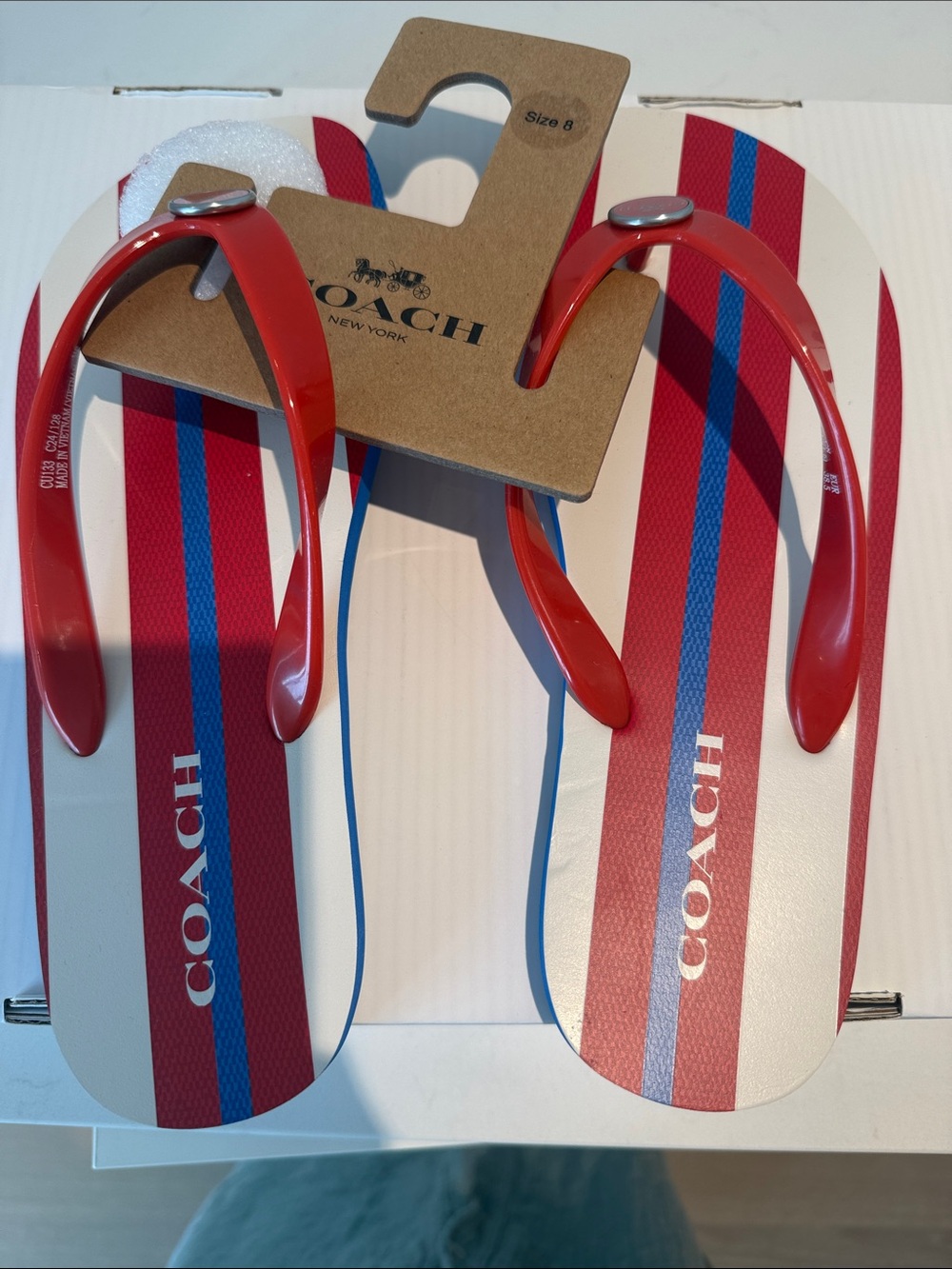 Coach Red, Blue and White Striped Flip Flop Sandals